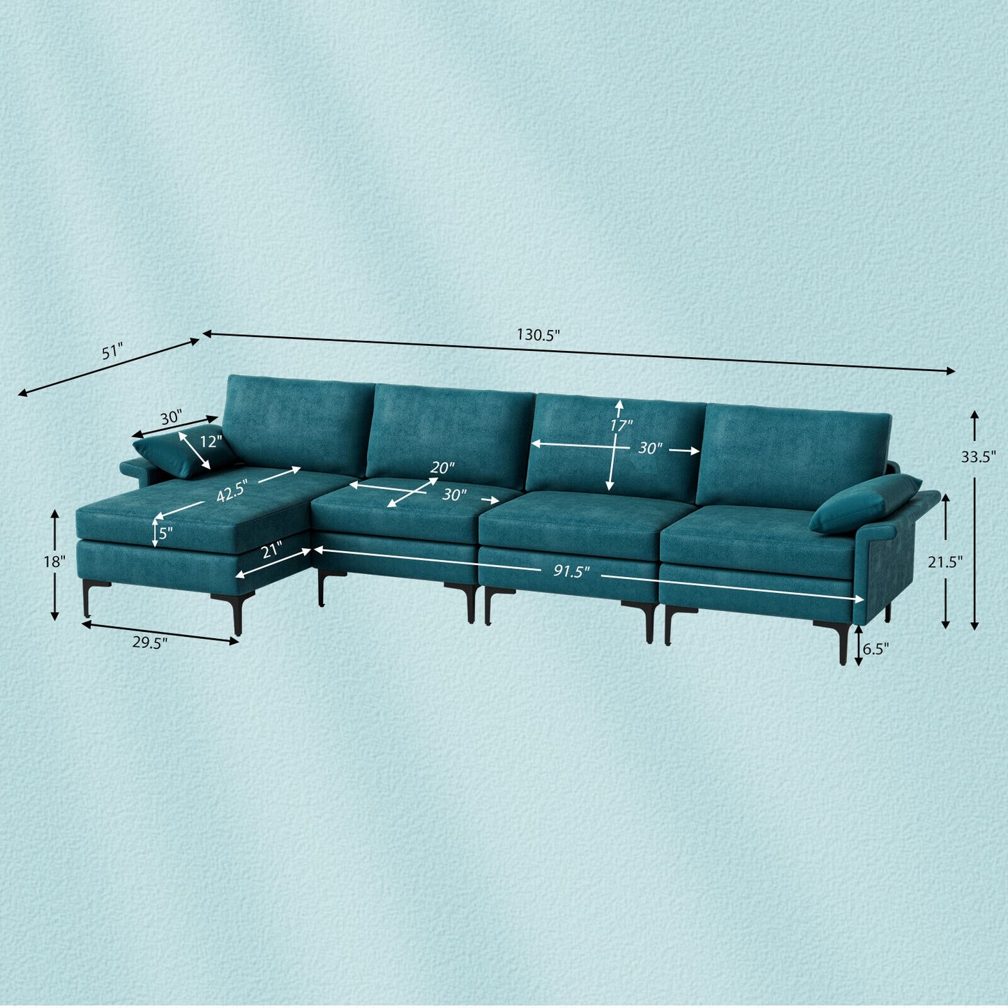 Extra Large L-shaped Sectional Sofa with Reversible Chaise and 2 USB Ports for 4-5 People, Turquoise Sofas & Loveseats at Gallery Canada