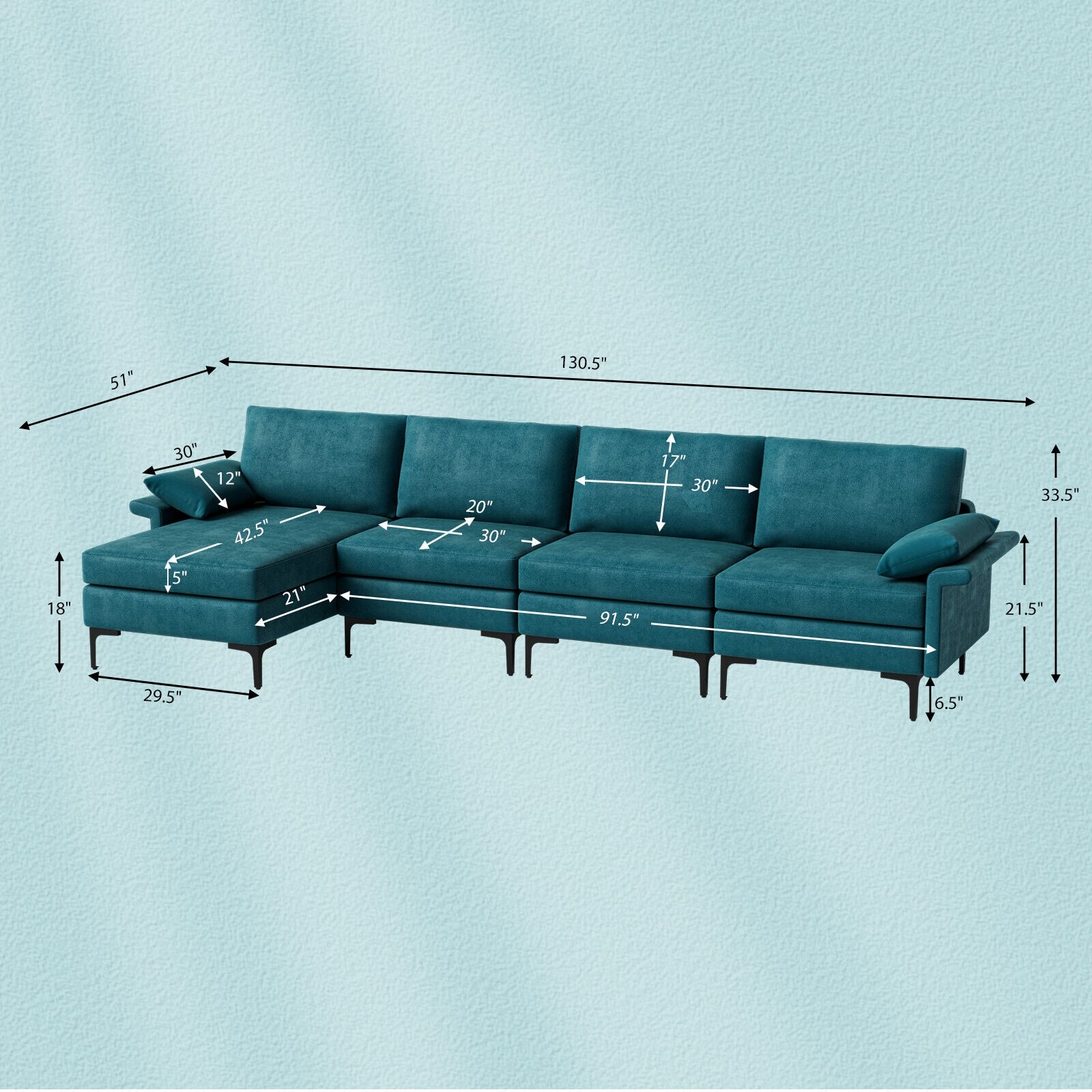 Extra Large L-shaped Sectional Sofa with Reversible Chaise and 2 USB Ports for 4-5 People, Turquoise Sofas & Loveseats at Gallery Canada