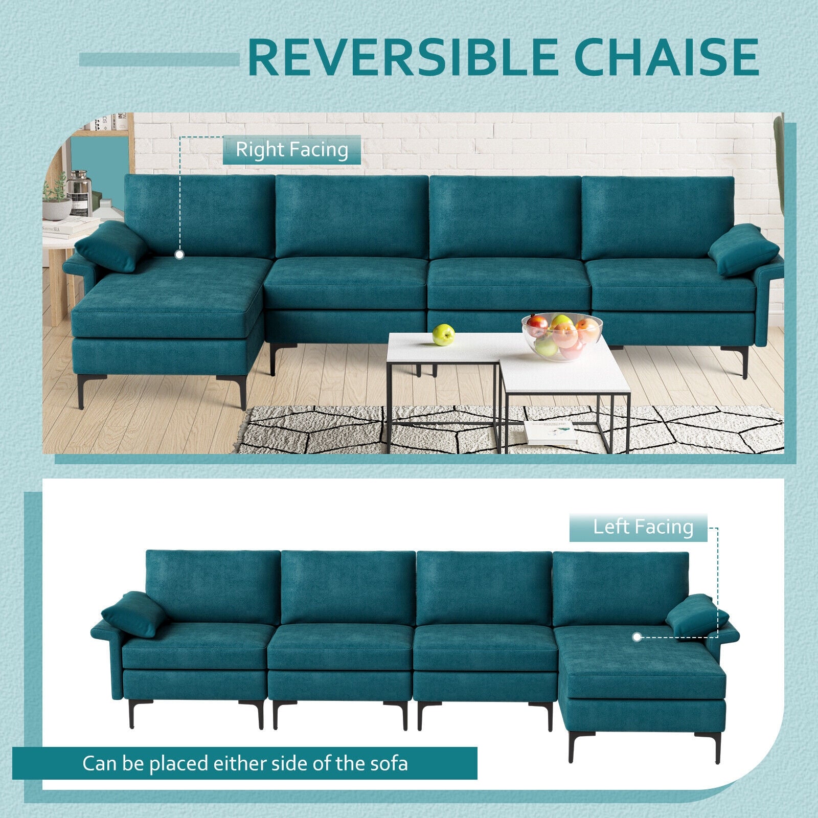 Extra Large L-shaped Sectional Sofa with Reversible Chaise and 2 USB Ports for 4-5 People, Turquoise Sofas & Loveseats at Gallery Canada