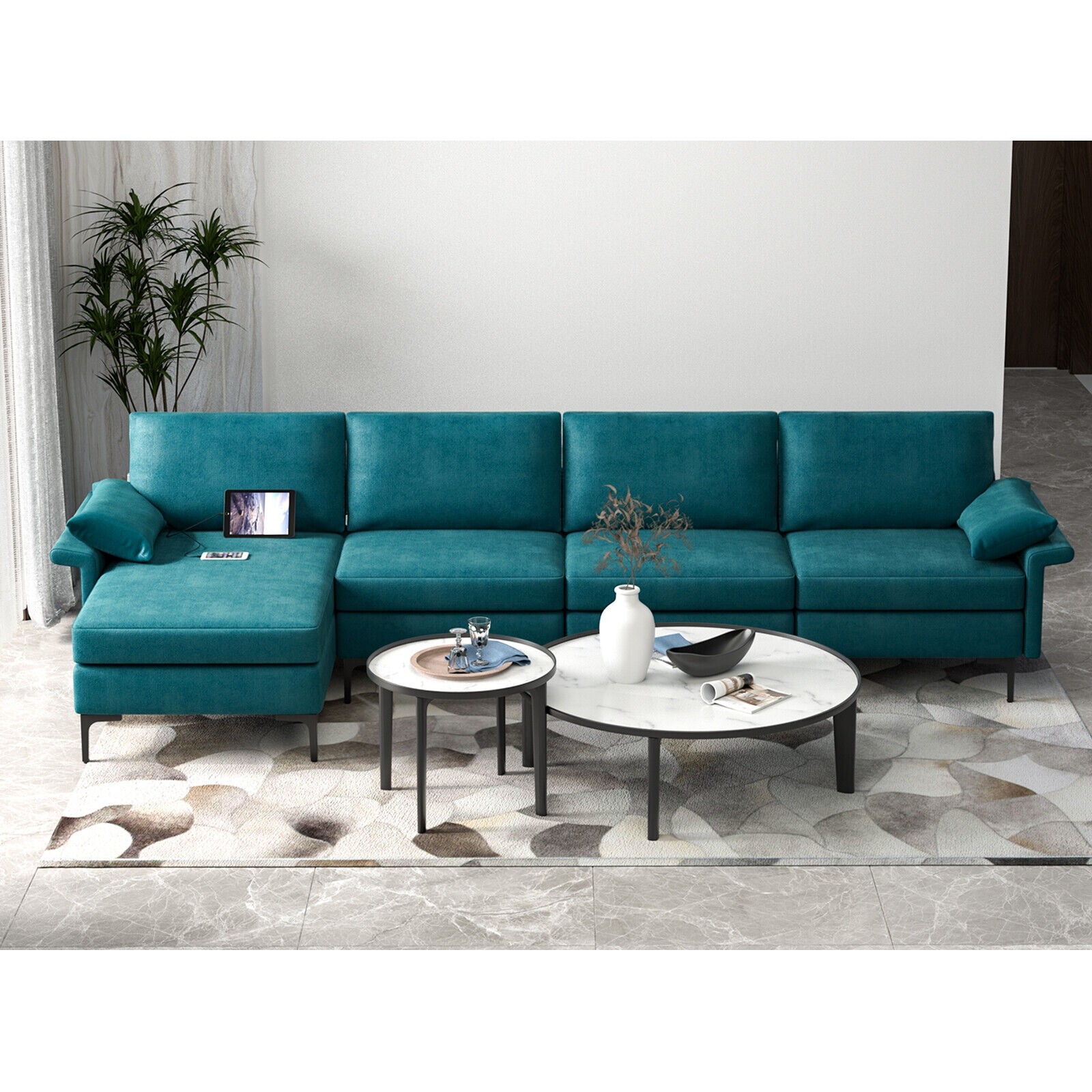 Extra Large L-shaped Sectional Sofa with Reversible Chaise and 2 USB Ports for 4-5 People, Turquoise Sofas & Loveseats at Gallery Canada
