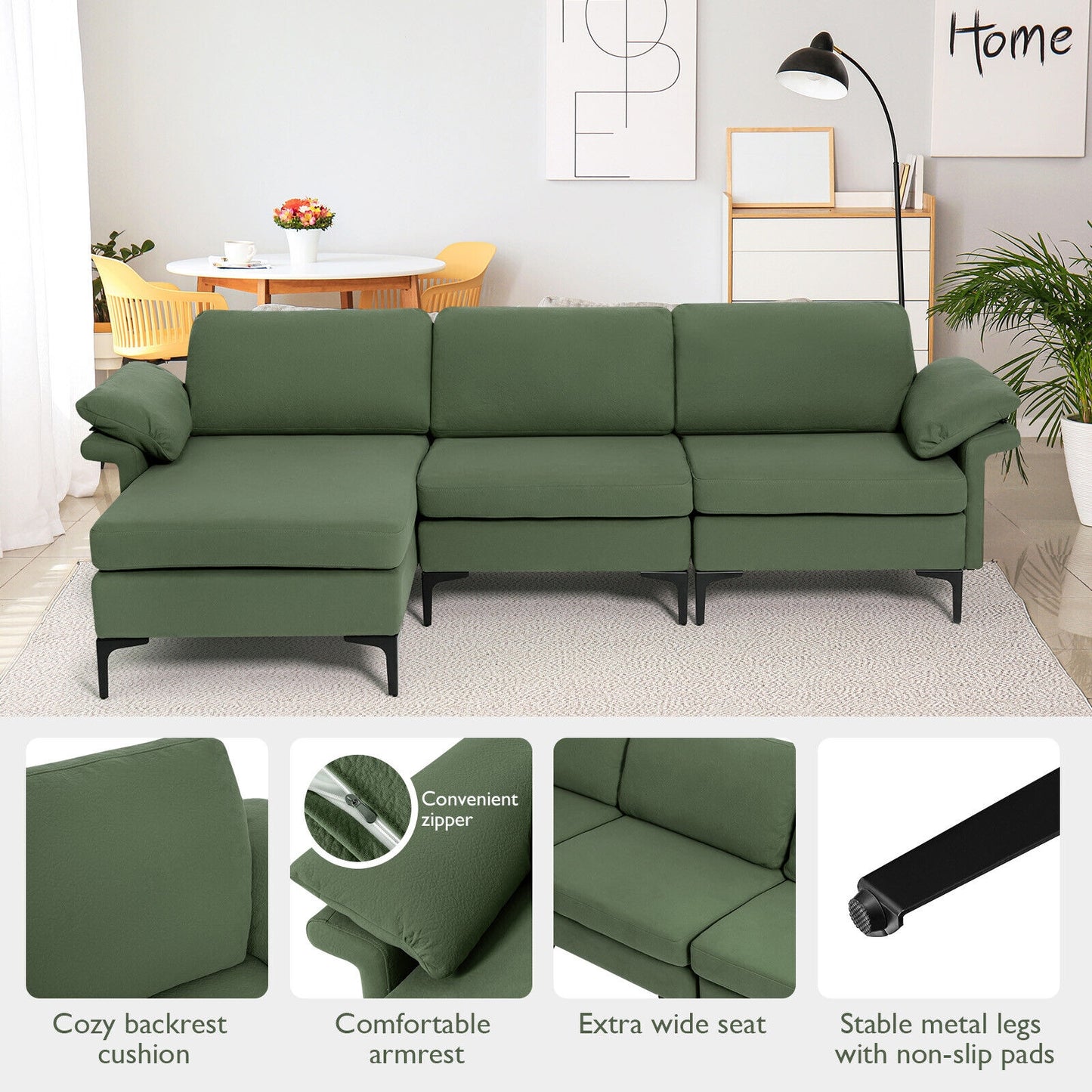 Extra Large Modular L-shaped Sectional Sofa with Reversible Chaise for 4-5 People, Army Green Sofas & Loveseats at Gallery Canada