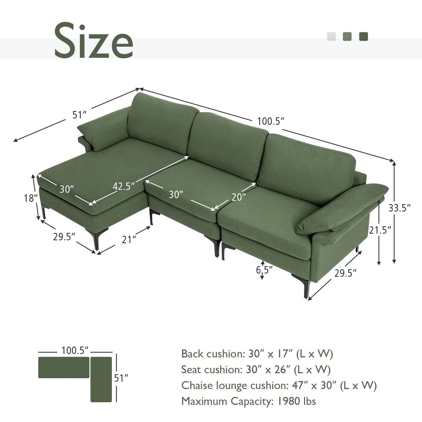 Extra Large Modular L-shaped Sectional Sofa with Reversible Chaise for 4-5 People, Army Green Sofas & Loveseats at Gallery Canada