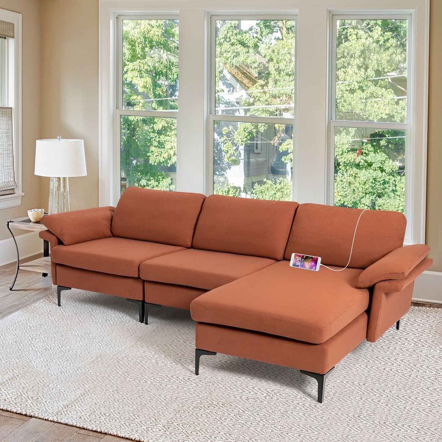 Extra Large Modular L-shaped Sectional Sofa with Reversible Chaise for 4-5 People-Rust Red, Red