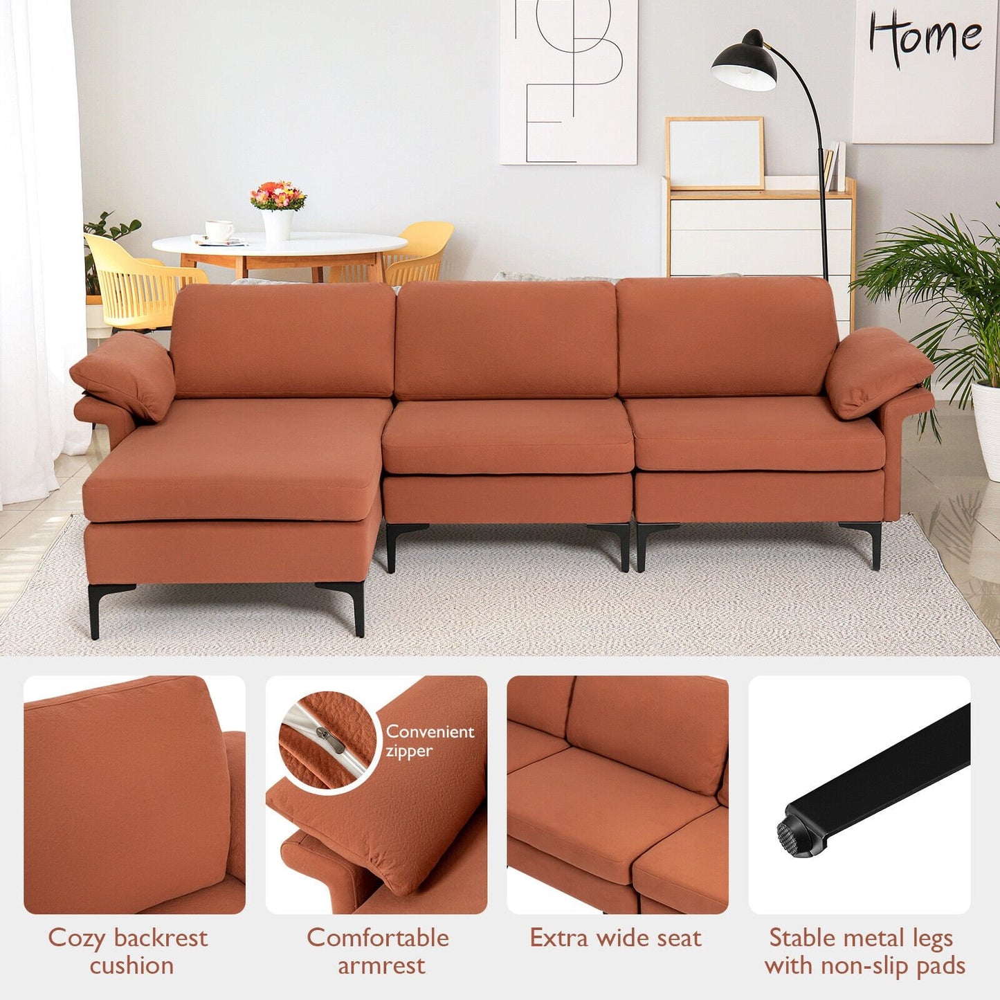 Extra Large Modular L-shaped Sectional Sofa with Reversible Chaise for 4-5 People-Rust Red, Red