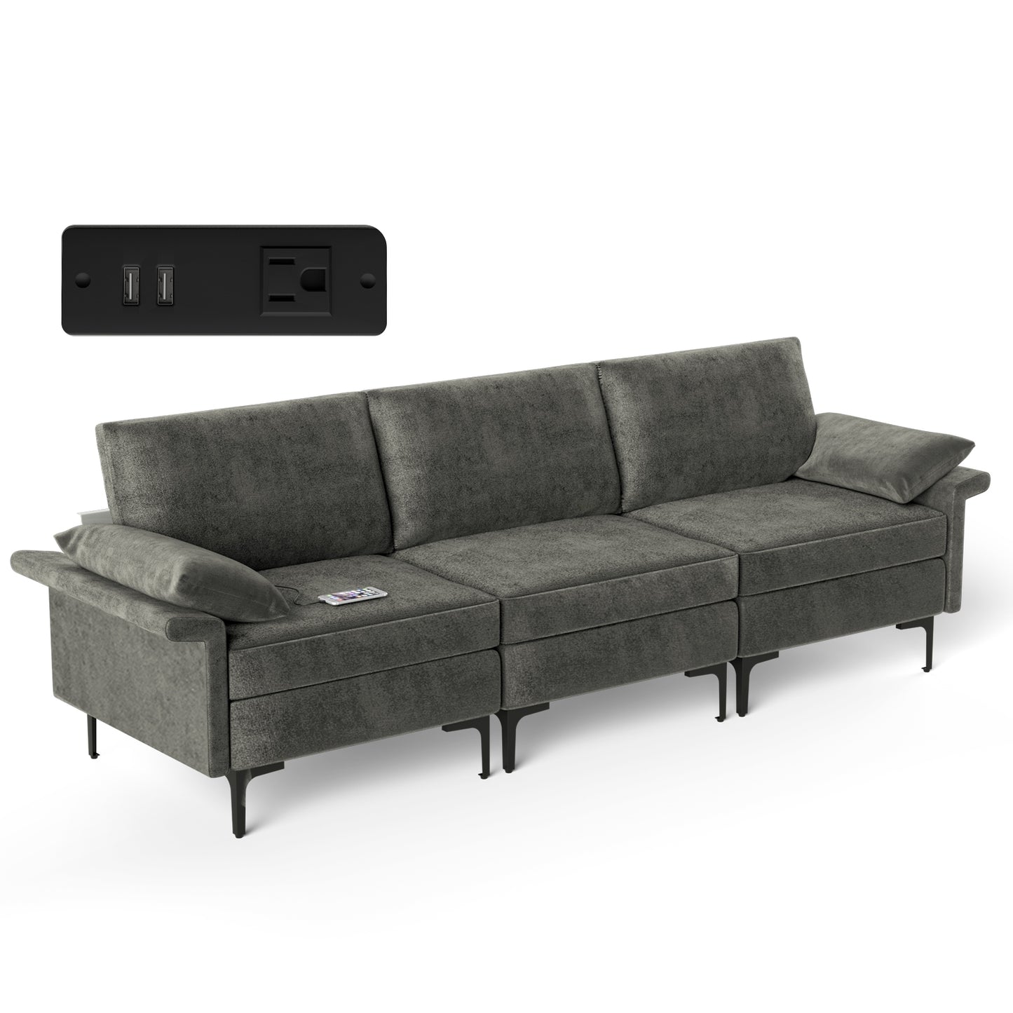 Large 3-Seat Sofa Sectional with Metal Legs and 2 USB Ports for 3-4 people, Gray Sofas & Loveseats at Gallery Canada