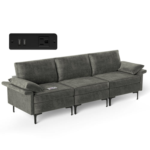 Large 3-Seat Sectional Sofa, With Metal Legs And USB Ports, Gray
