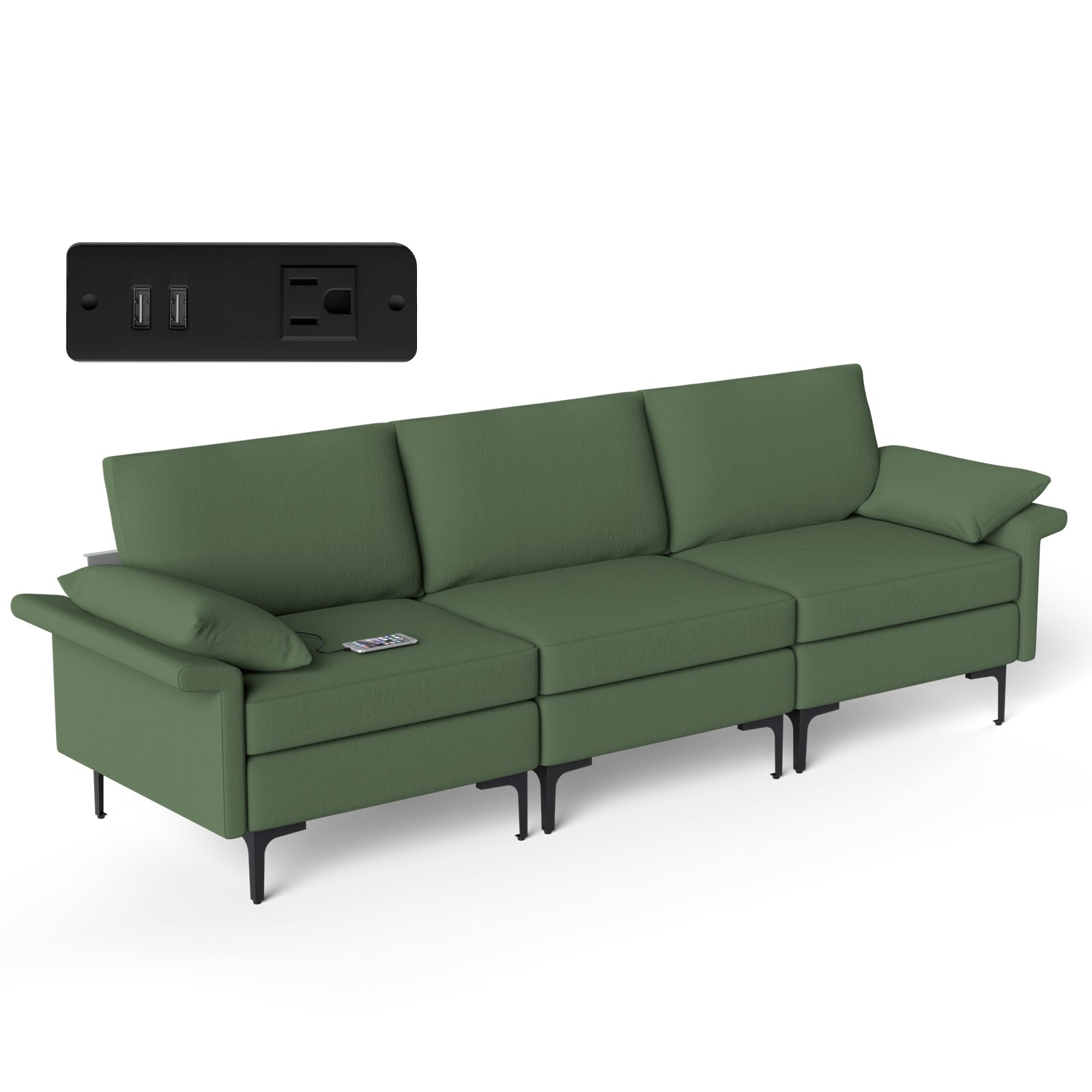 Large 3-Seat Sofa Sectional with Metal Legs and 2 USB Ports for 3-4 people, Army Green Sofas & Loveseats Army Green at Gallery Canada