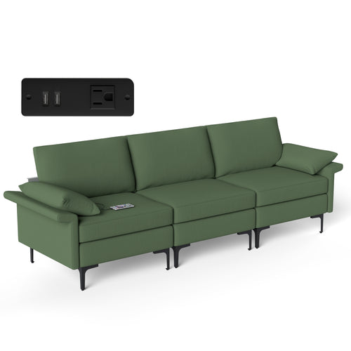 Large 3-Seat Sofa Sectional, Metal Legs, 2 USB Ports, Army Green