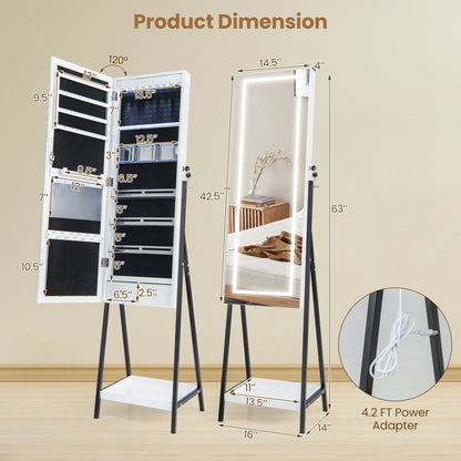 LED Standing Jewelry Mirror Cabinet with 3-Color Lighted Full-Length Mirror, White