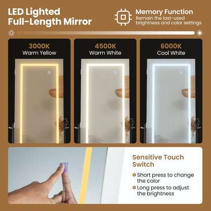LED Standing Jewelry Mirror Cabinet with 3-Color Lighted Full-Length Mirror, White