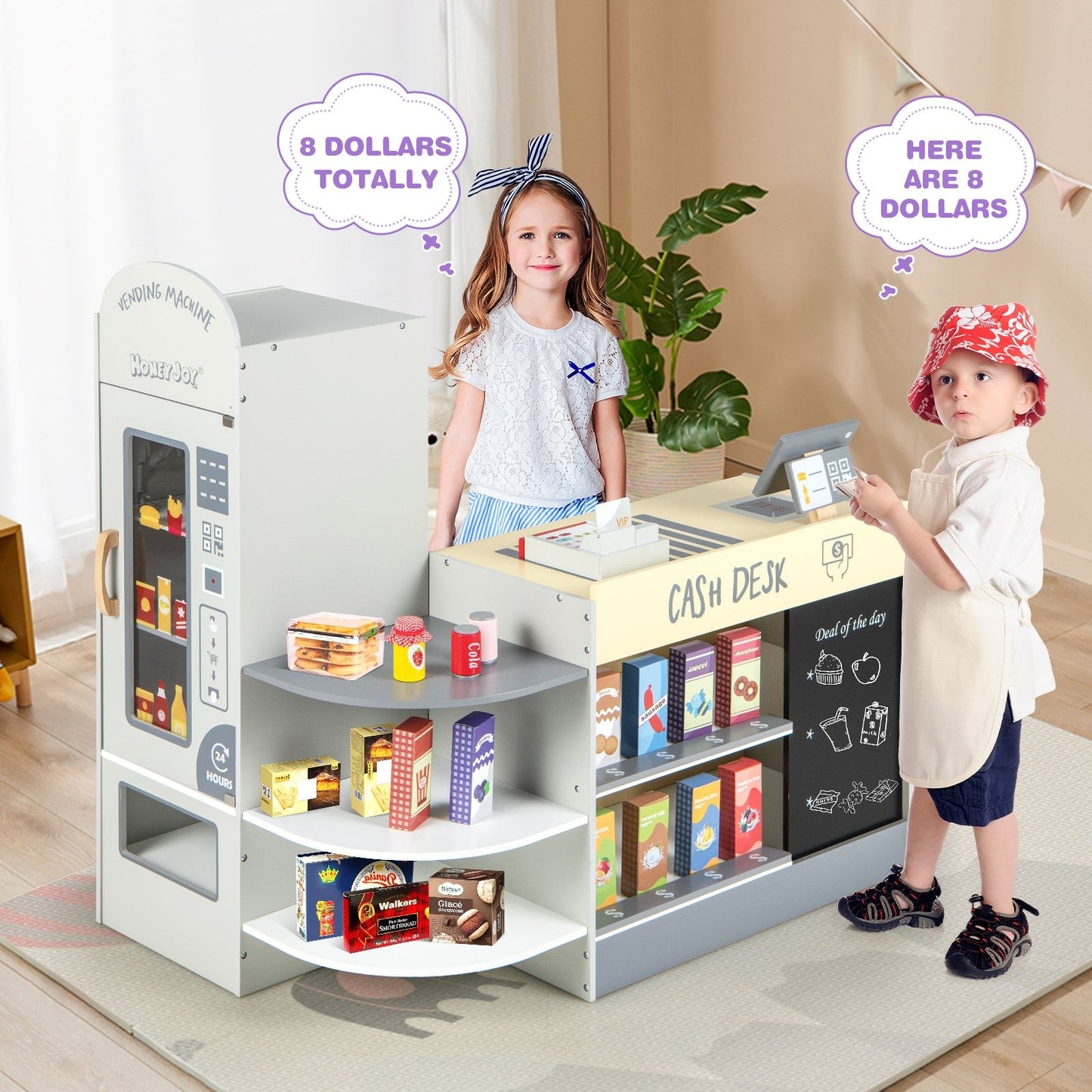 Kids Grocery Store Playset with Cash Register POS Machine, Gray