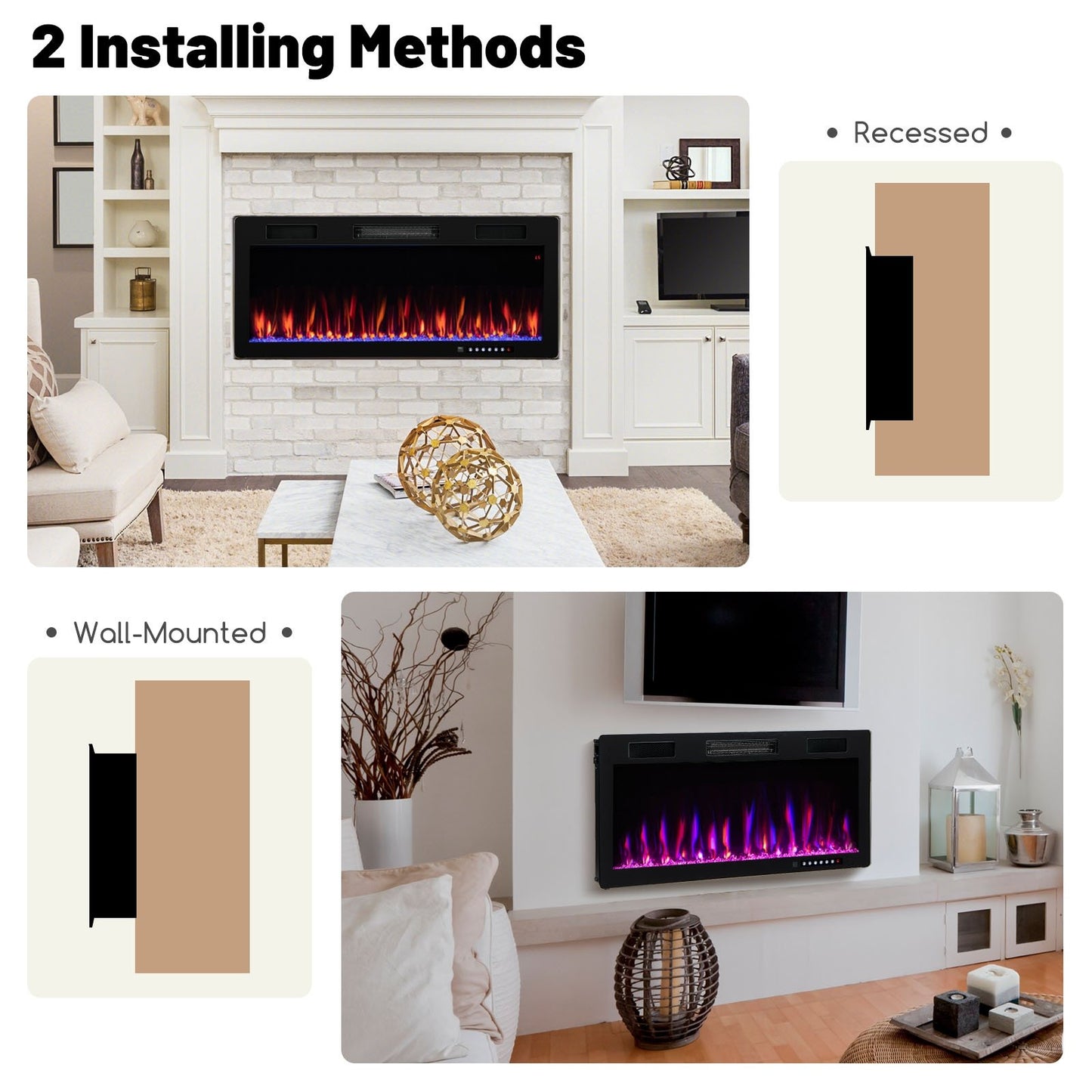 Electric Fireplace 40/50/60 Inches Recessed and Wall Mounted for 2' x 6' Stud-40 Inches, Black