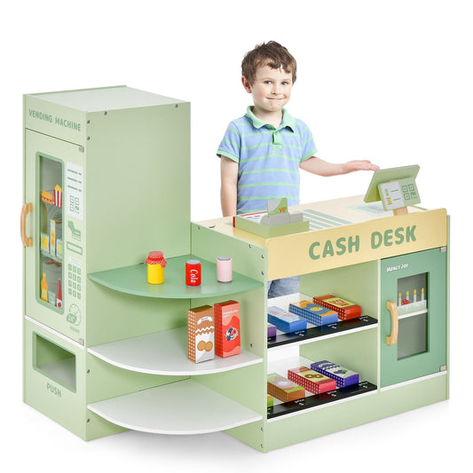 Kids Wooden Supermarket Play Toy Set with Checkout Counter, Green - Gallery Canada