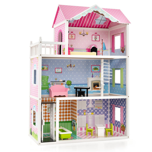 Wooden Dollhouse with Working Elevator and Rotatable Staircase, Pink