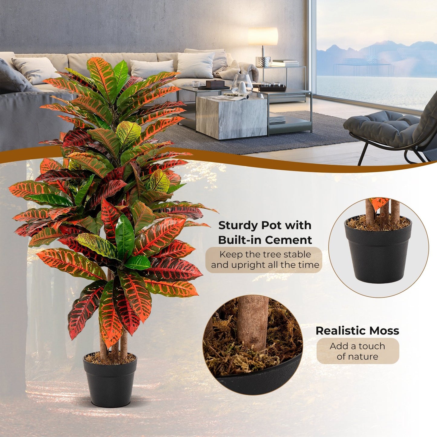 Artificial Croton Plant 40" Tall Fake Croton Palm Tree with Colorful Variegated Leaves and Pot, Red