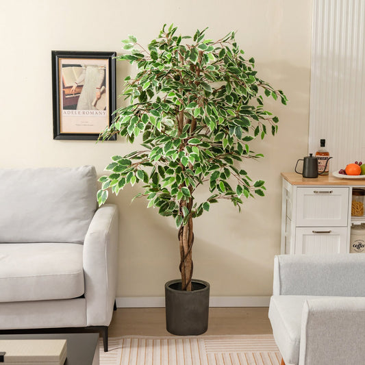 Artificial Ficus Tree Tall Faux Indoor Plant with 1008 Leaves Nursery Pot and Dried Moss, Green - Gallery Canada