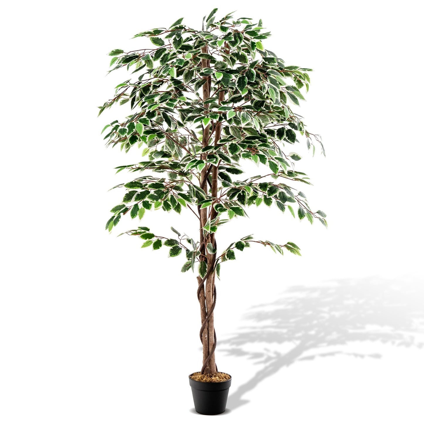 Artificial Ficus Tree Tall Faux Indoor Plant with 1008 Leaves Nursery Pot and Dried Moss, Green