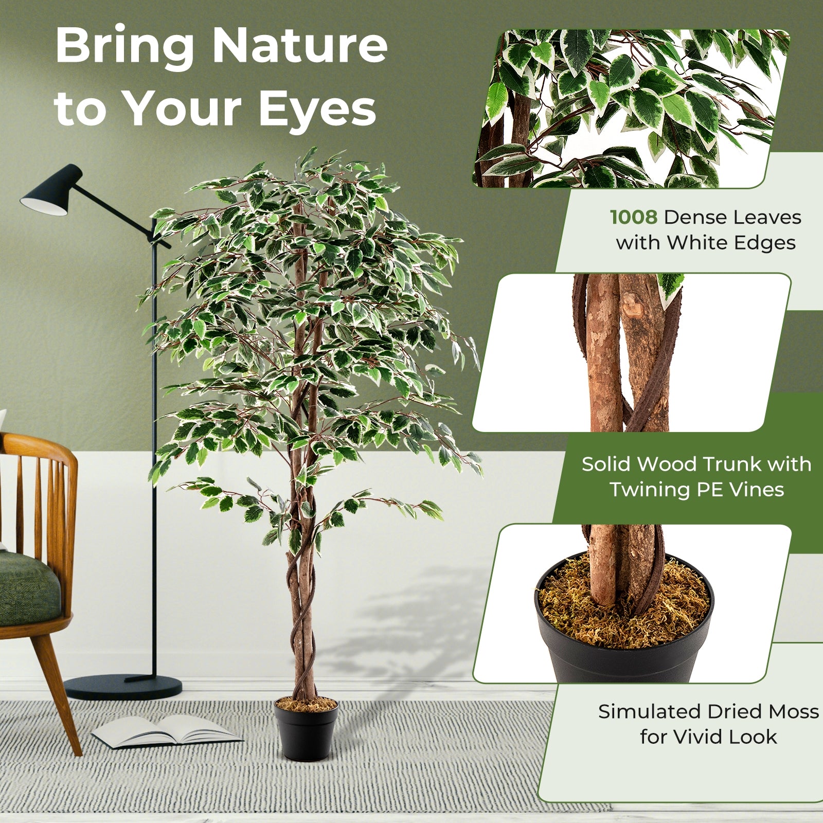 Artificial Ficus Tree Tall Faux Indoor Plant with 1008 Leaves Nursery Pot and Dried Moss, Green Faux Plants at Gallery Canada