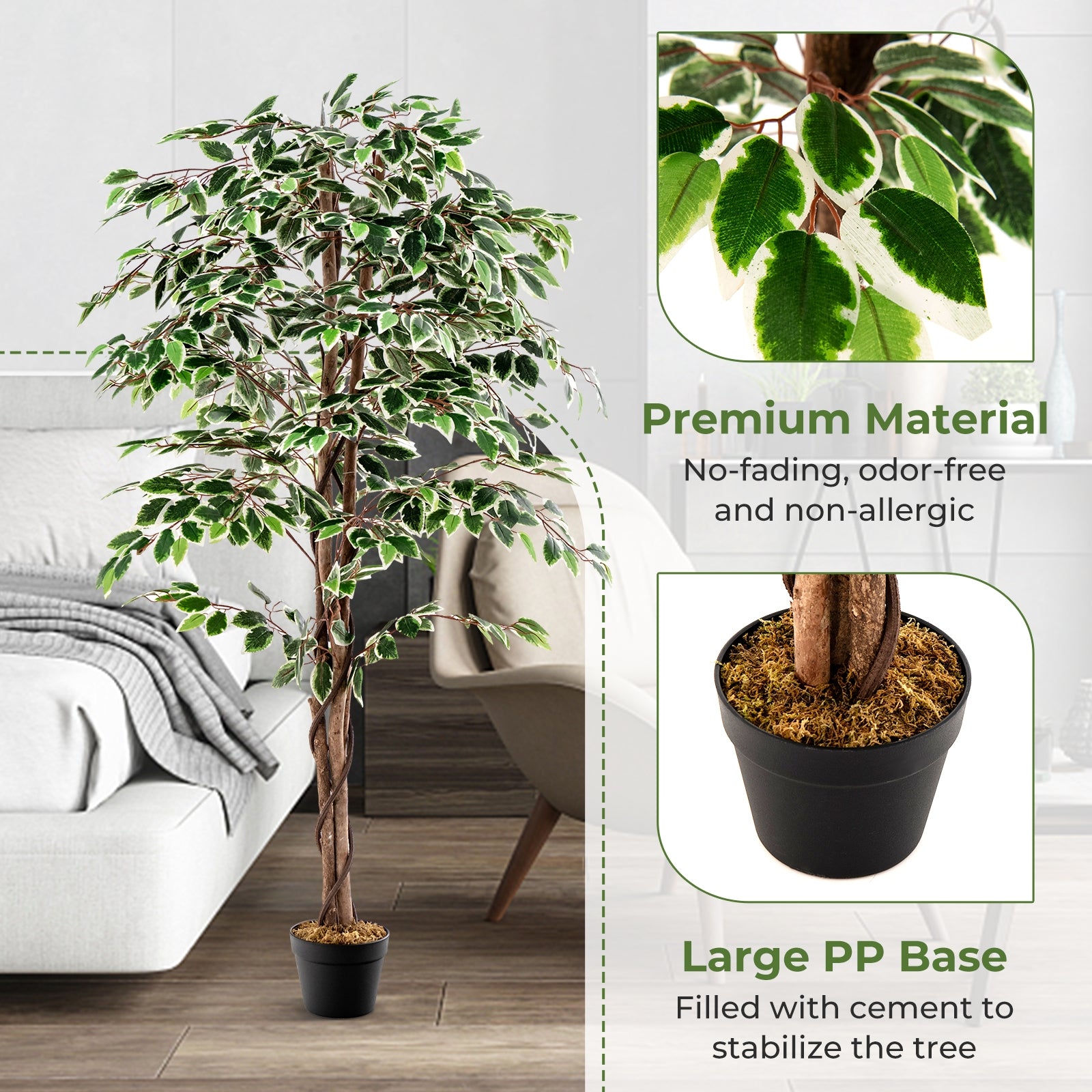 Artificial Ficus Tree Tall Faux Indoor Plant with 1008 Leaves Nursery Pot and Dried Moss, Green Faux Plants at Gallery Canada