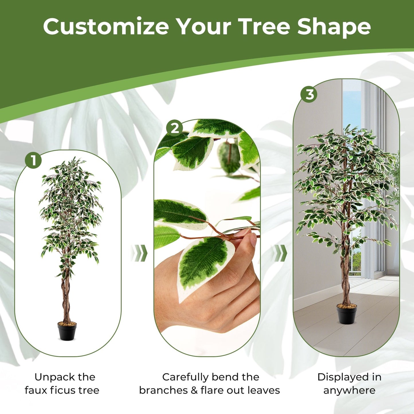 Artificial Ficus Tree Tall Faux Indoor Plant with 1008 Leaves Nursery Pot and Dried Moss, Green