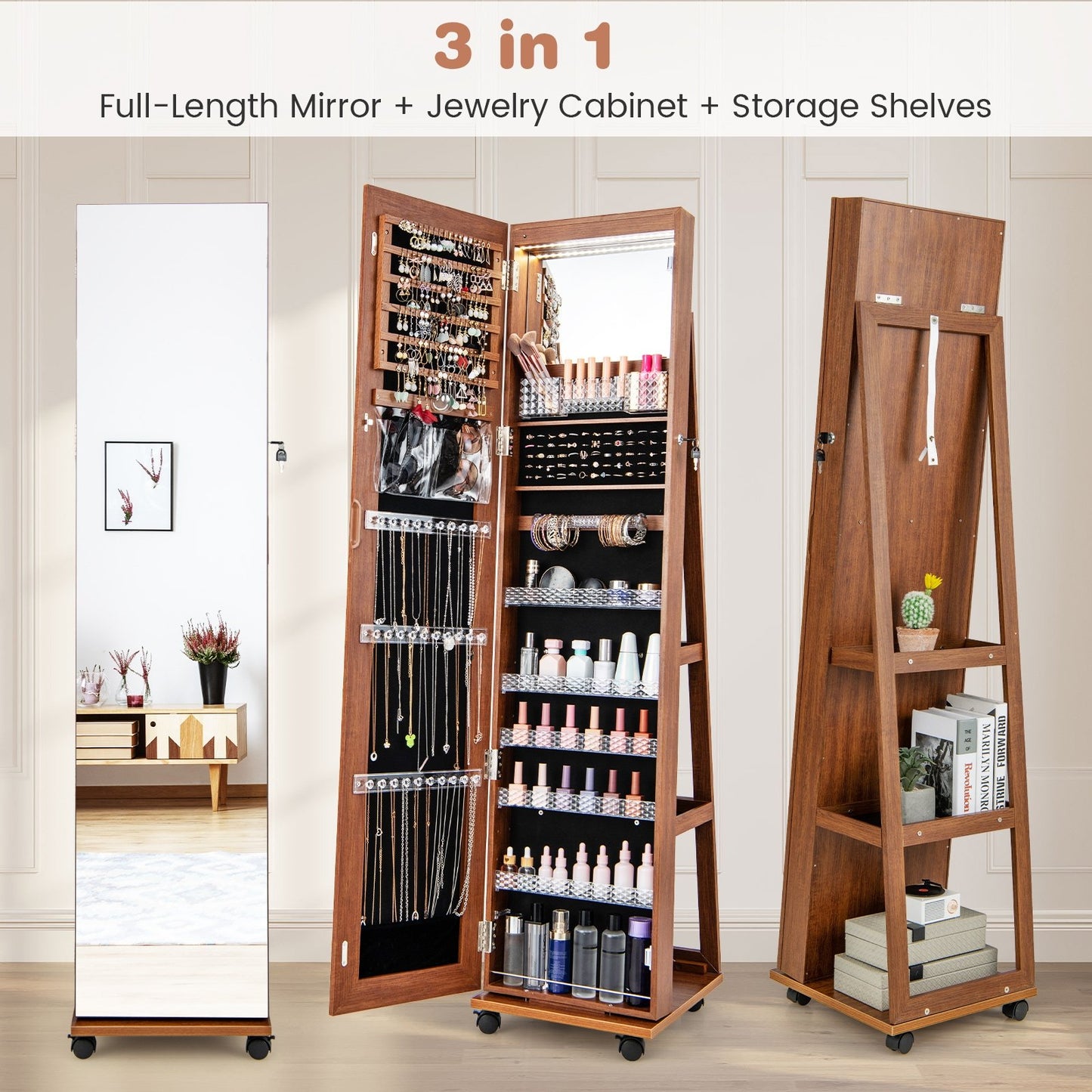 64 Inches Lockable Jewelry Cabinet Armoire with Built-in Makeup Mirror, Brown