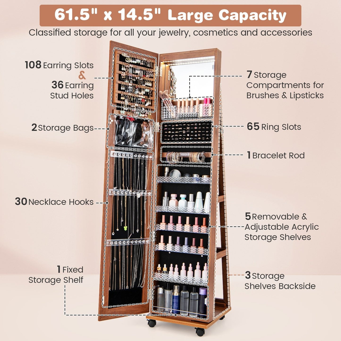 64 Inches Lockable Jewelry Cabinet Armoire with Built-in Makeup Mirror, Brown