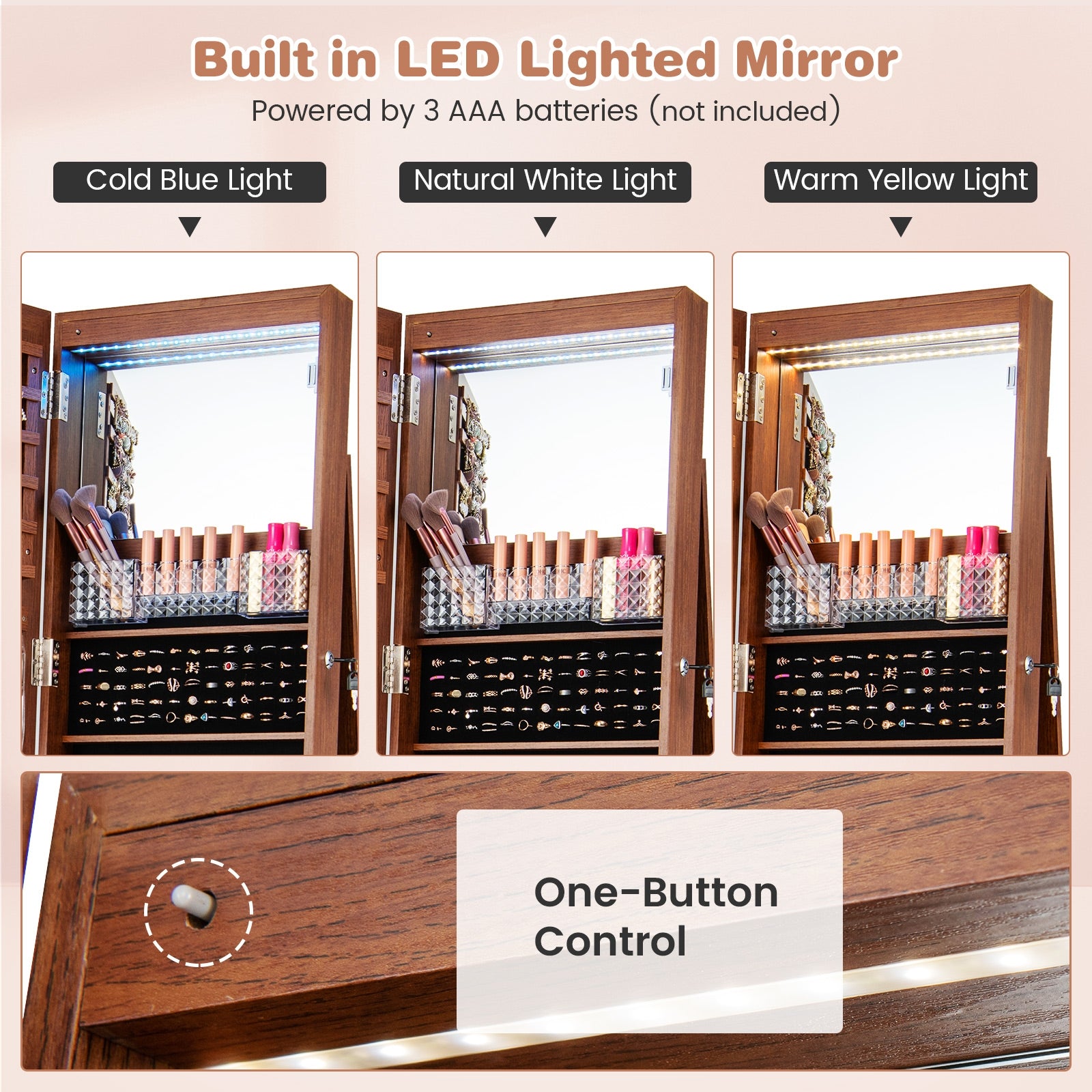 64 Inches Lockable Jewelry Cabinet Armoire with Built-in Makeup Mirror, Brown Jewelry Armoires at Gallery Canada