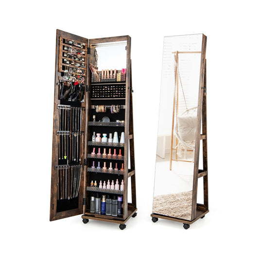 64 Inches Lockable Jewelry Cabinet Armoire with Built-in Makeup Mirror, Coffee
