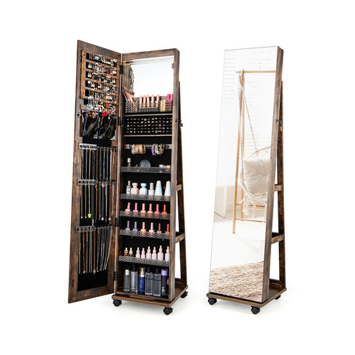 64 Inch Lockable Jewelry Cabinet Armoire, Built-In Makeup Mirror, Coffee