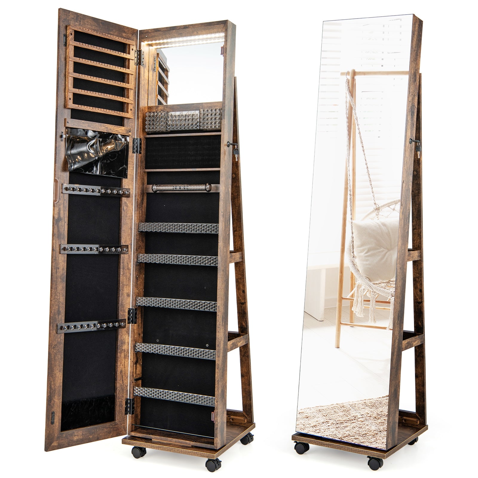 64 Inches Lockable Jewelry Cabinet Armoire with Built-in Makeup Mirror, Coffee Jewelry Armoires at Gallery Canada