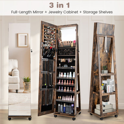 64 Inches Lockable Jewelry Cabinet Armoire with Built-in Makeup Mirror, Coffee