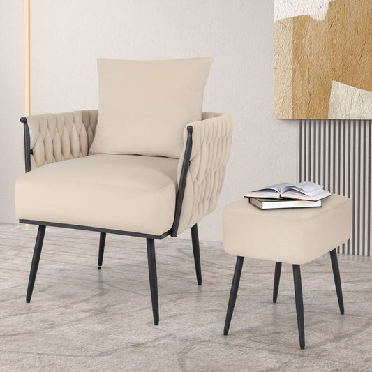 Modern Dutch Velvet Accent Chair and Ottoman Set with Weaved Back and Arms, White - Gallery Canada