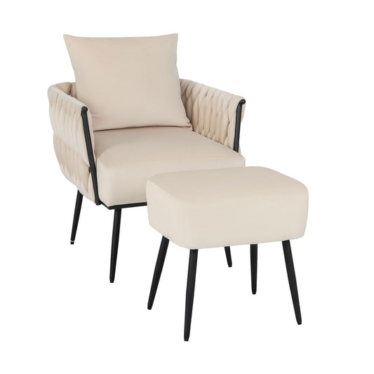 Modern Dutch Velvet Accent Chair and Ottoman Set with Weaved Back and Arms, White - Gallery Canada