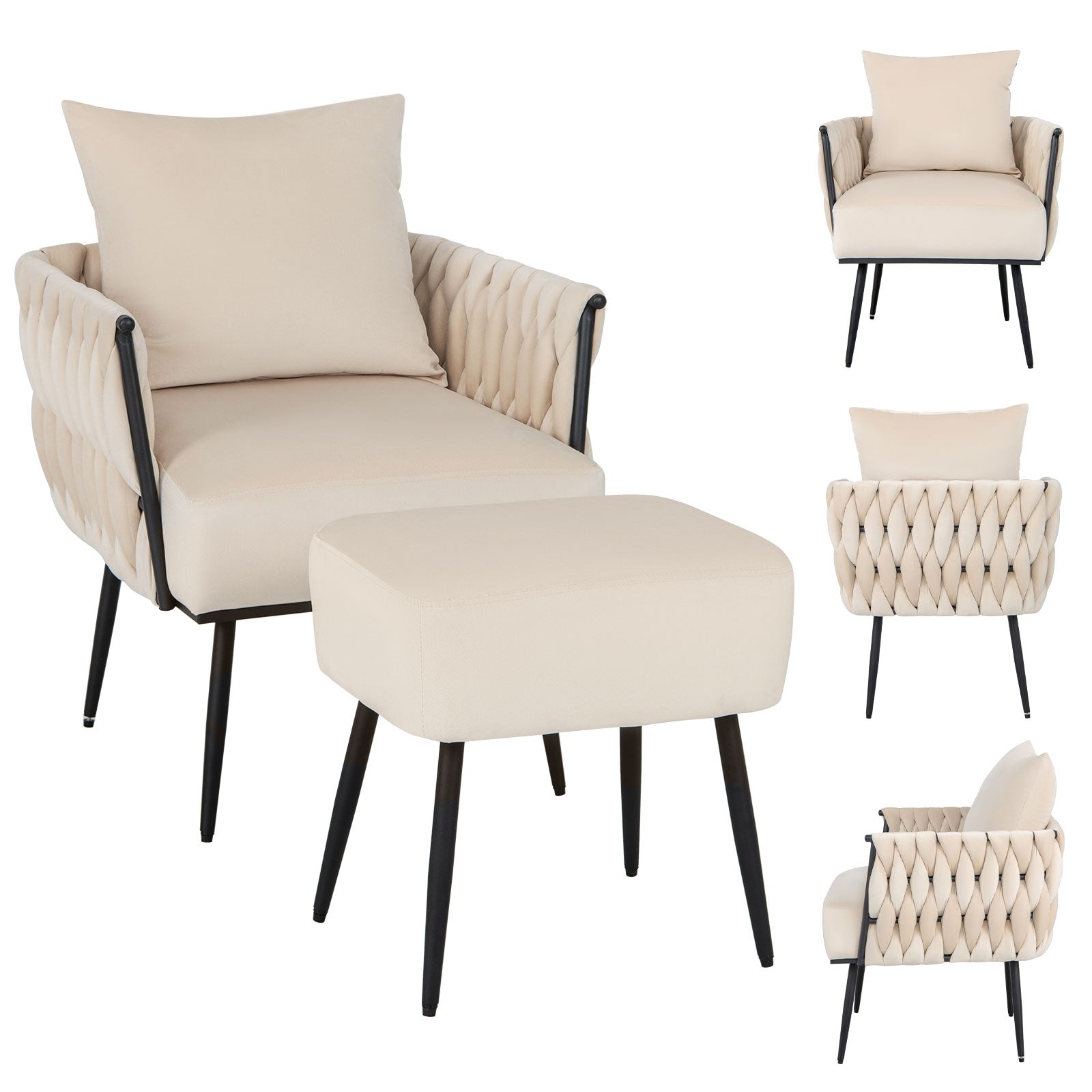 Modern Dutch Velvet Accent Chair and Ottoman Set with Weaved Back and Arms, White Accent Chairs at Gallery Canada