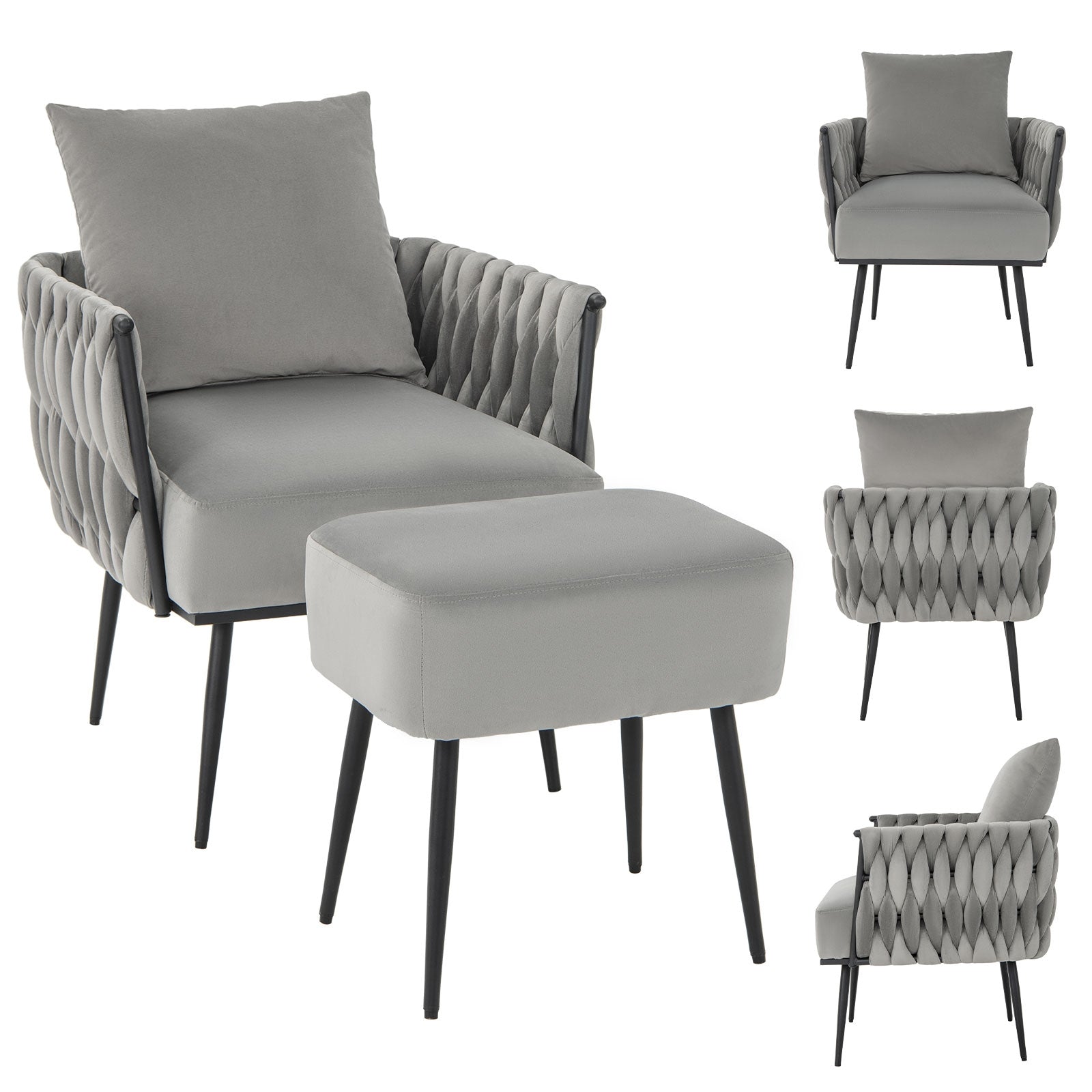 Modern Dutch Velvet Accent Chair and Ottoman Set with Weaved Back and Arms, Gray Accent Chairs at Gallery Canada
