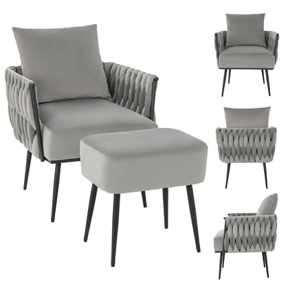 Modern Dutch Velvet Accent Chair and Ottoman Set with Weaved Back and Arms, Gray Accent Chairs at Gallery Canada