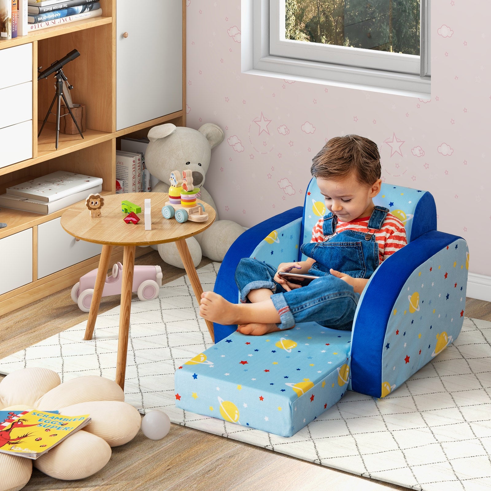 3 in 1 Convertible Flip Open Kids Sofa for Nap Play Sleep, Blue Kids Chairs & Seating at Gallery Canada