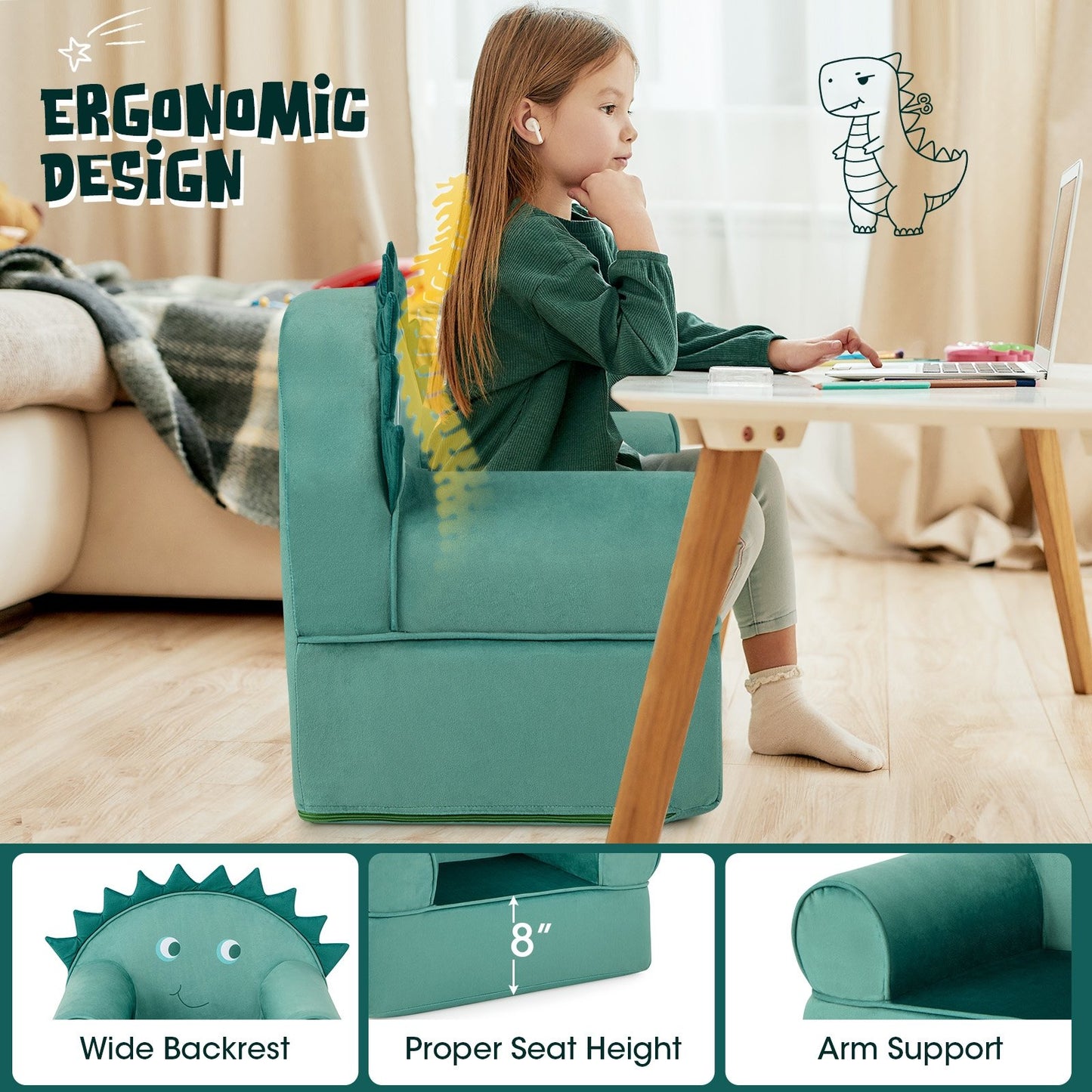 Original Kids Sofa with Armrest and Thick Cushion, Green