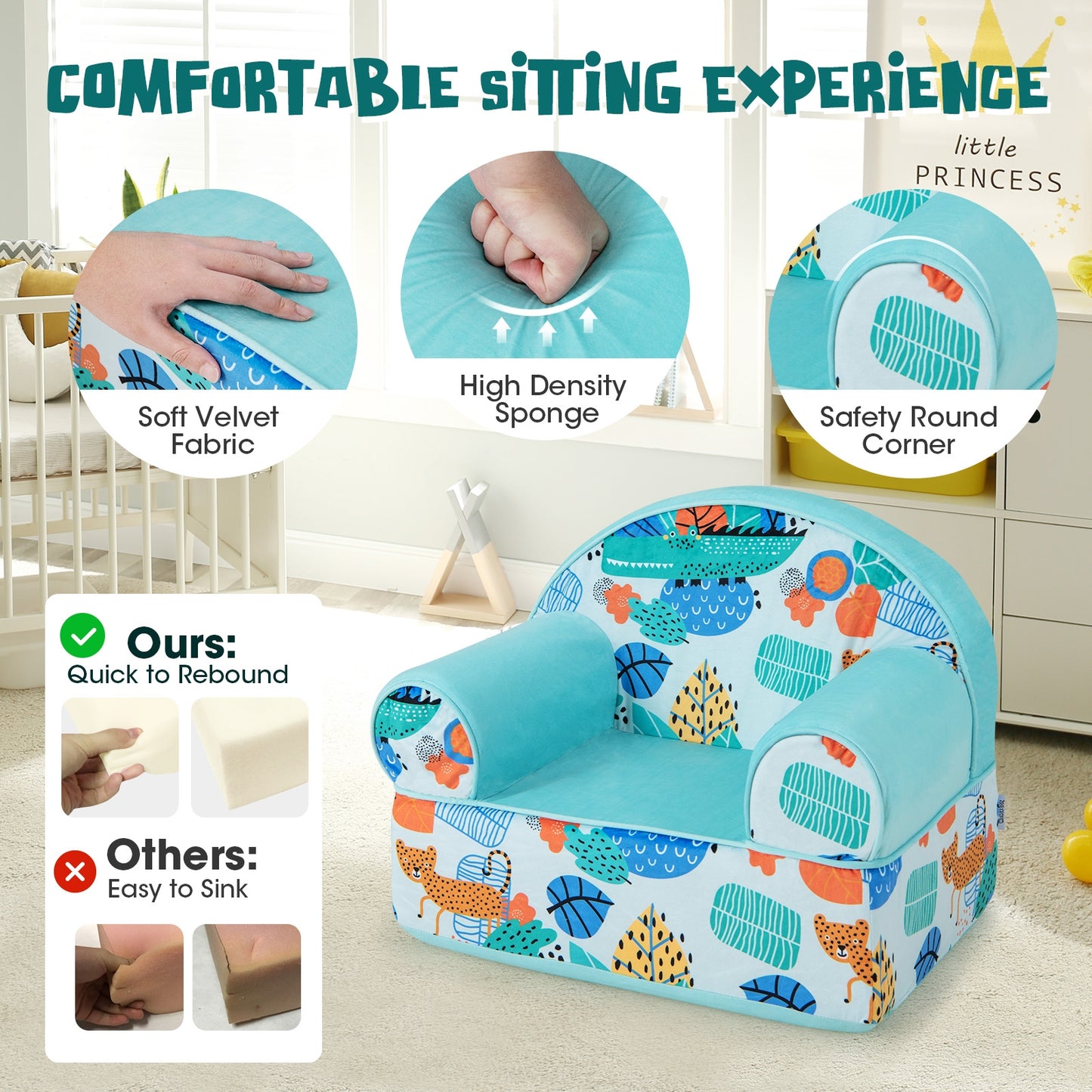 Kids Armchair with Plush Velvet Cover and Soft Sponge Filling, Blue Kids Chairs & Seating at Gallery Canada