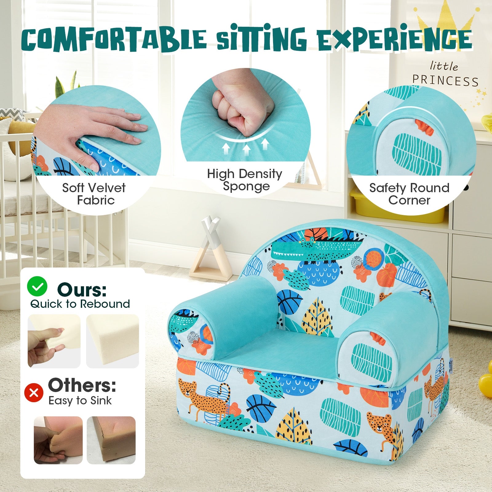 Kids Armchair with Plush Velvet Cover and Soft Sponge Filling, Blue Kids Chairs & Seating at Gallery Canada