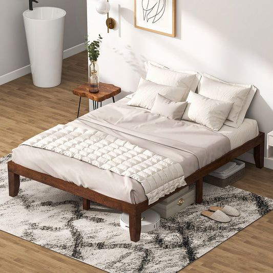 14 Inch Queen Size Rubber Wood Platform Bed Frame with Wood Slat Support, Walnut Simple Bed Frame Walnut at Gallery Canada