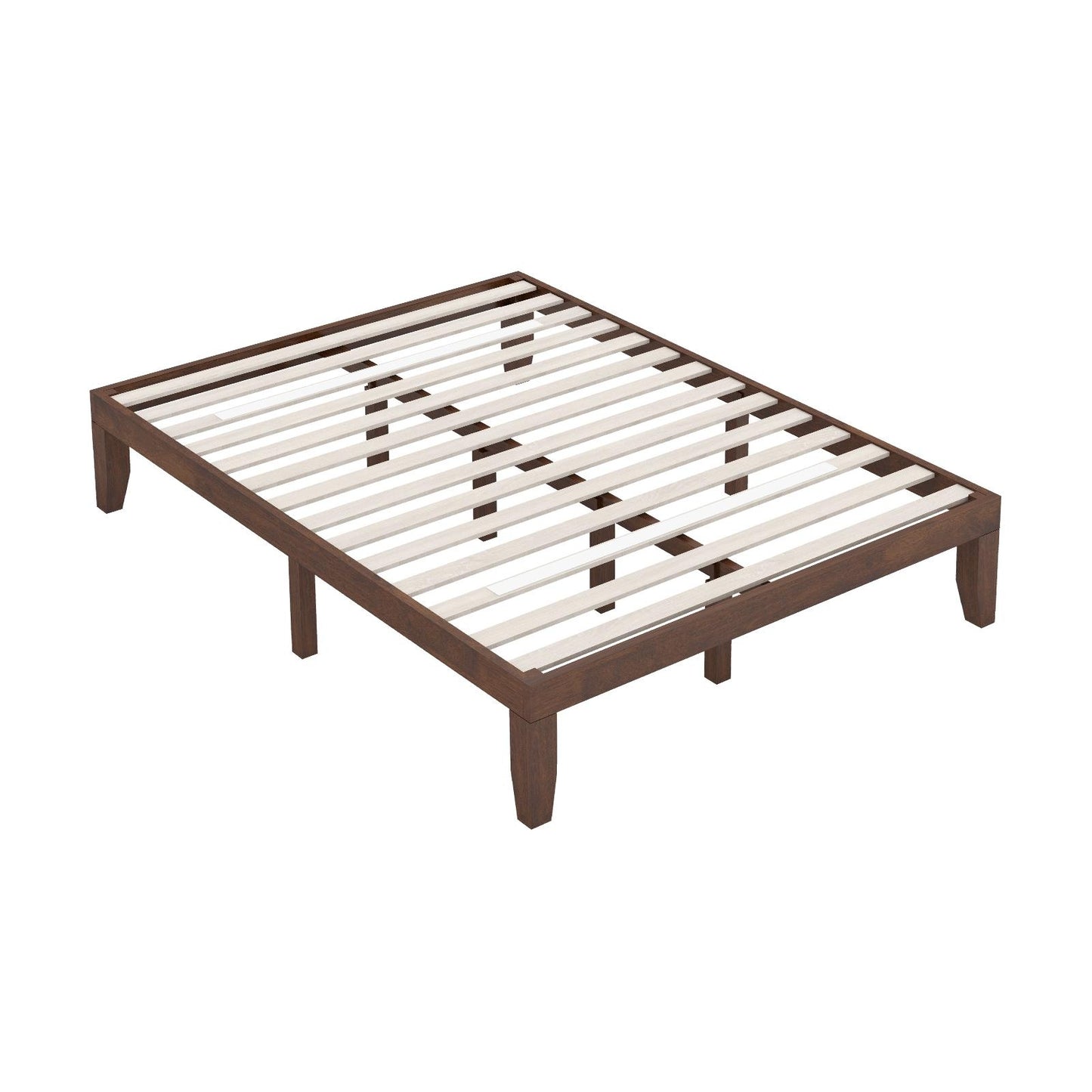 14 Inch Queen Size Platform Bed Frame, Wood Slat Support, Walnut Simple Bed Frame at Gallery Canada