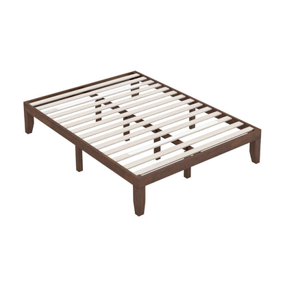 14 Inch Queen Size Platform Bed Frame, Wood Slat Support, Walnut Simple Bed Frame at Gallery Canada