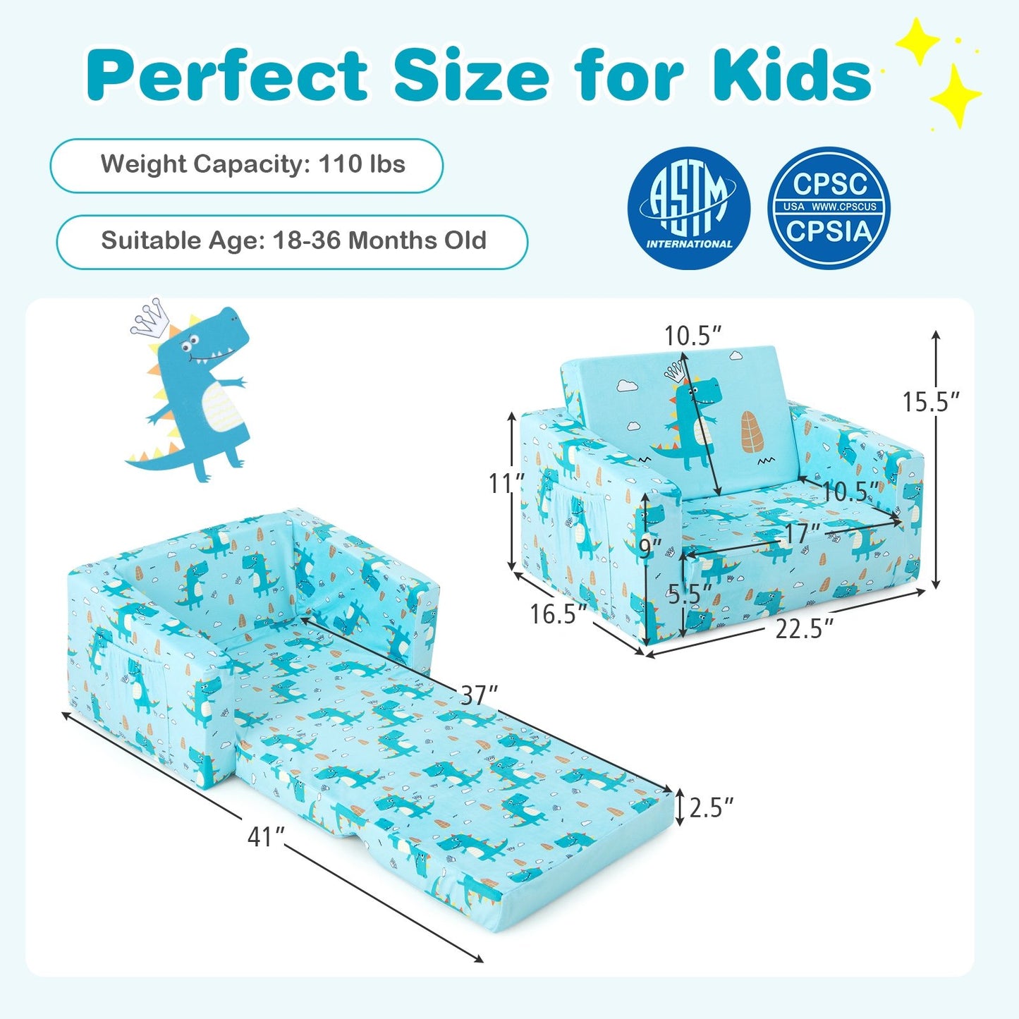 Kids Recliner Sofa Converts to Sleeper Bed for Boys Girls, Blue