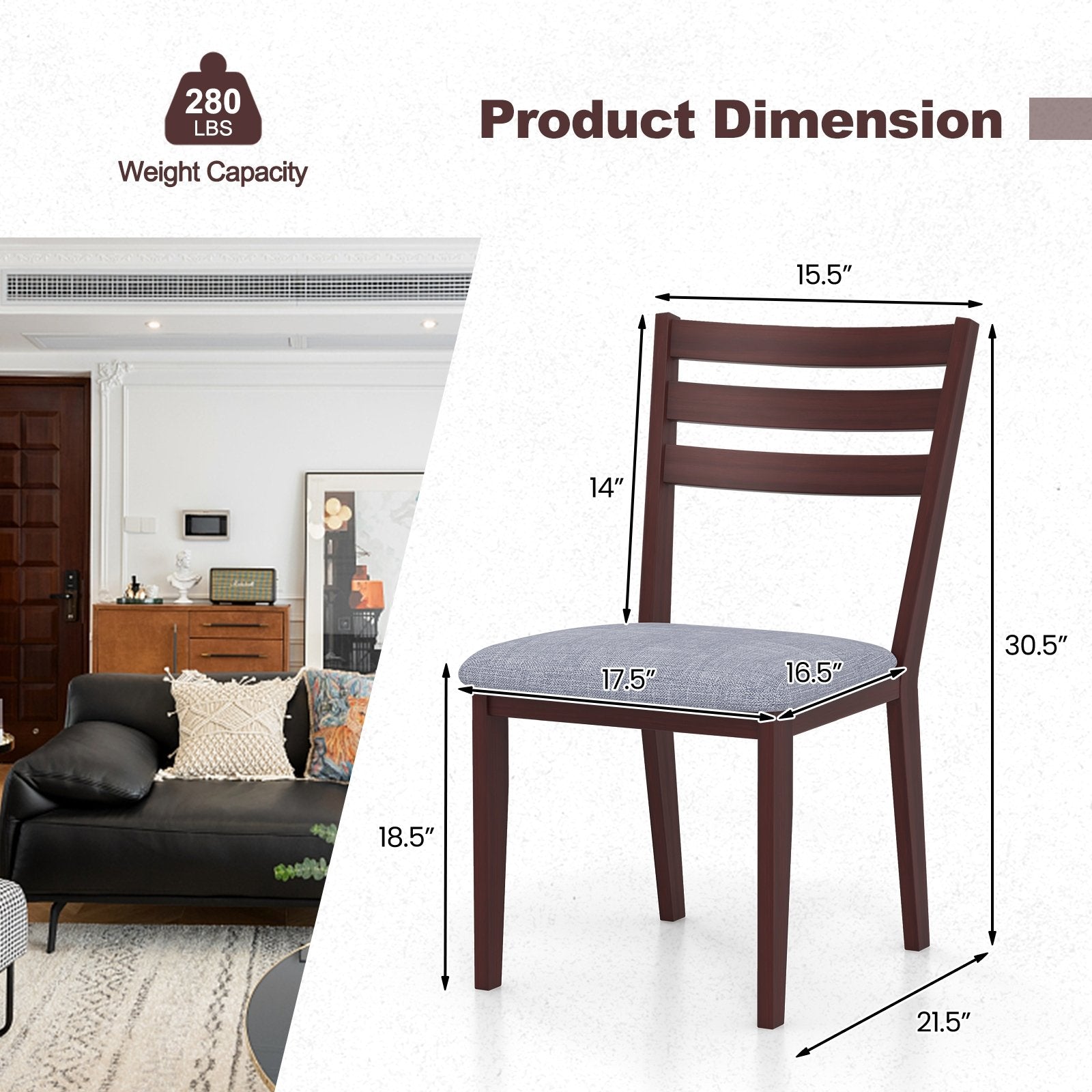 Set of 2 Upholstered Armless Kitchen Chair with Solid Rubber Wood Frame, Coffee - Gallery Canada