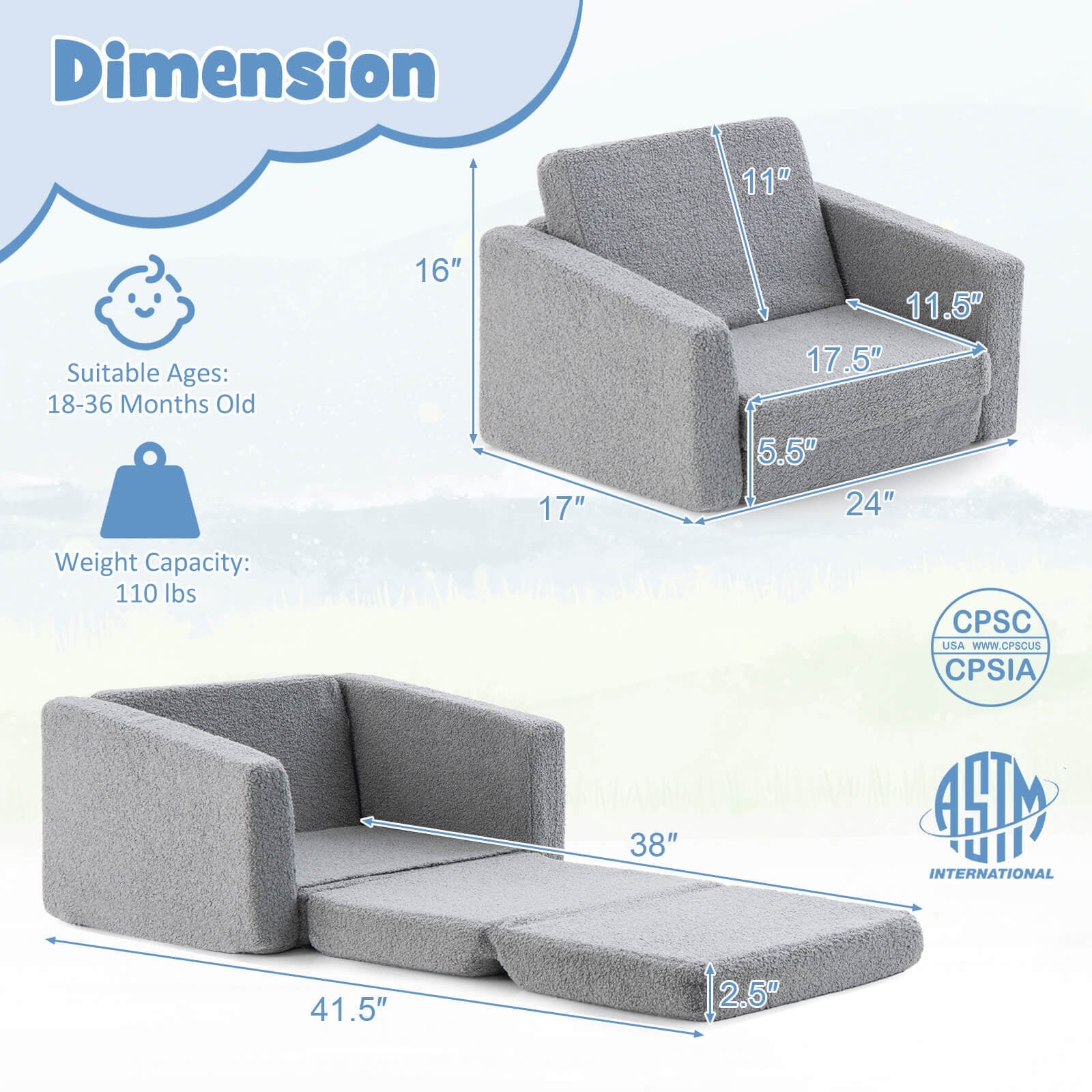 2-in-1 Toddler Fold out Couch, Gray Kids Chairs & Seating at Gallery Canada