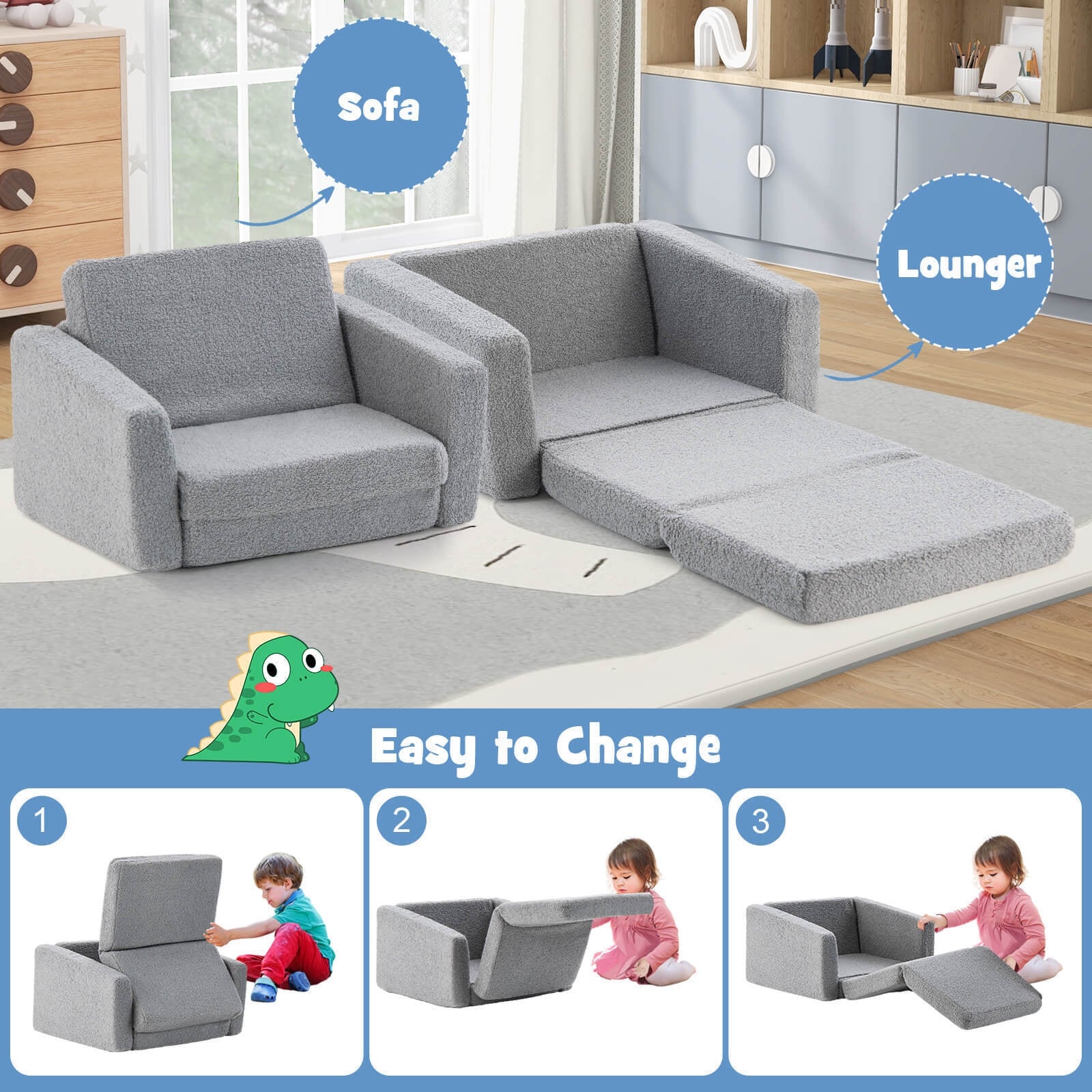 2-in-1 Toddler Fold out Couch, Gray Kids Chairs & Seating at Gallery Canada