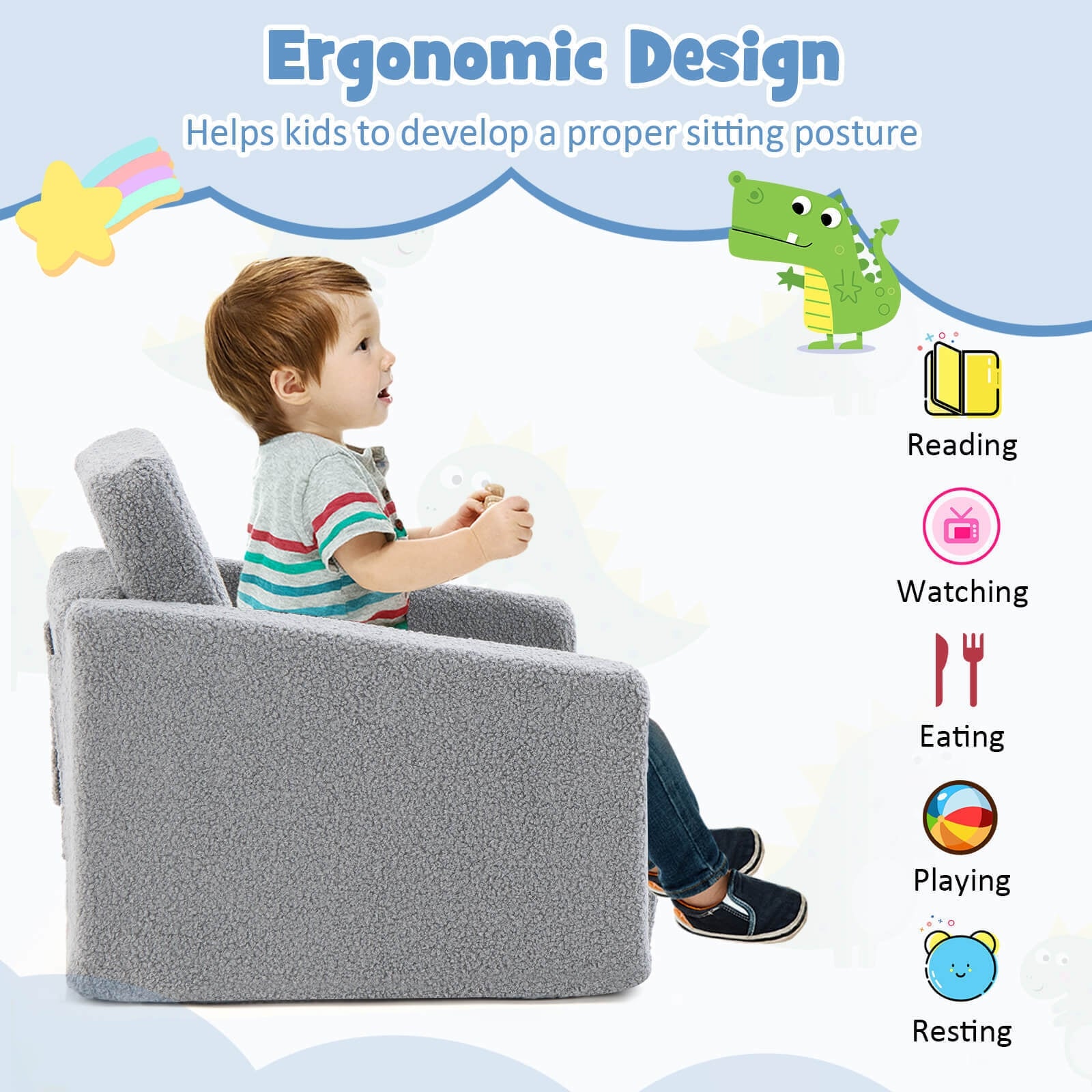 2-in-1 Toddler Fold out Couch, Gray Kids Chairs & Seating at Gallery Canada