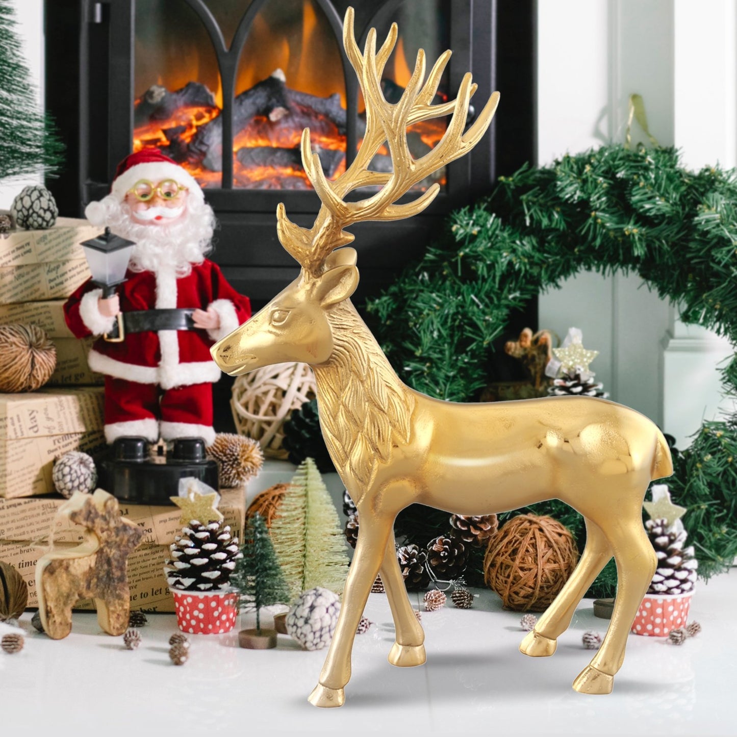 Standing Reindeer Statue Aluminum Deer Sculpture for Indoors Christmas Decor, Golden