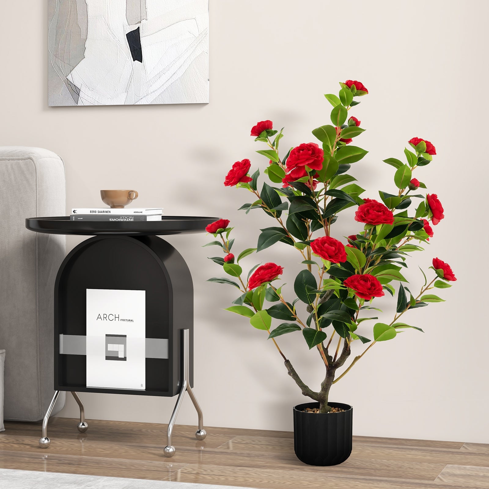 38 Inch Artificial Camellia Tree Faux Flower Plant in Cement Pot, Red Faux Plants at Gallery Canada